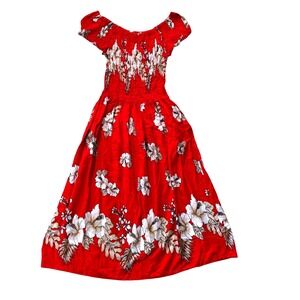 VTG Unity Trading Hawaii Red Hibiscus Floral Smocked Midi Dress OSFA Off Should.
